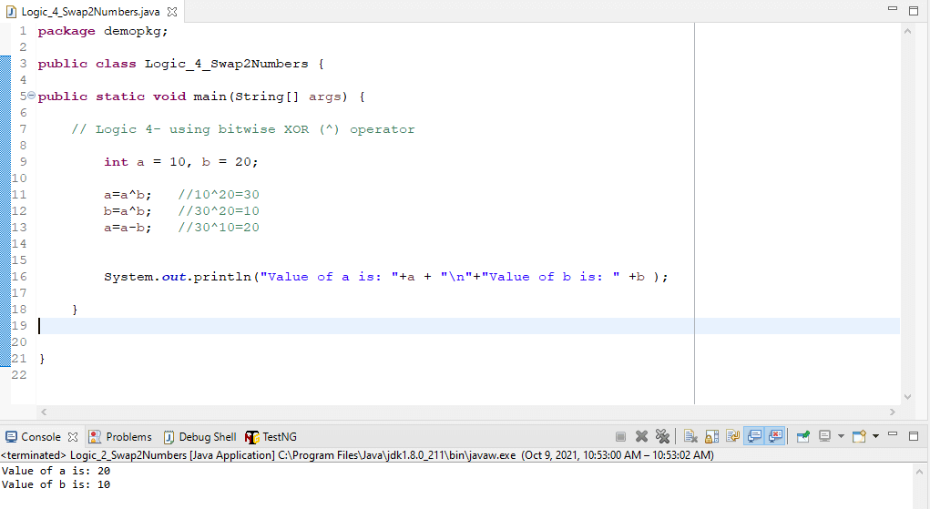 Java Program to swap two numbers
